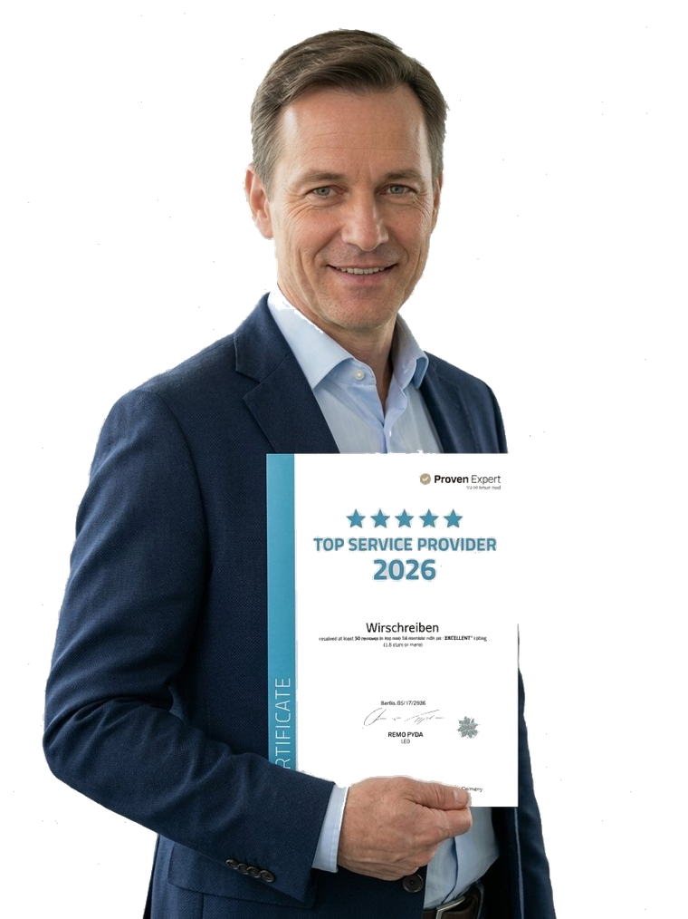 WirSchreiben-Mitarbeiter mit ProvenExpert Top Service Provider 2026 Zertifikat