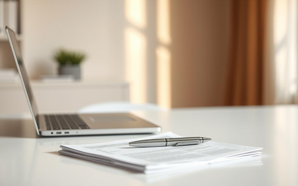 An elegant, minimalist scene depicting the definition of "Exposé". In the foreground, a clean, white desk with a sleek laptop and a simple pen resting on a sheaf of crisp, pristine papers. The background is softly blurred, creating a sense of focus and emphasis on the desk's contents. Warm, natural lighting filters in from an unseen window, casting a gentle glow across the surface. The overall mood is one of professionalism, clarity, and thoughtful contemplation - reflecting the purpose of an exposé as a concise, well-structured presentation of information.